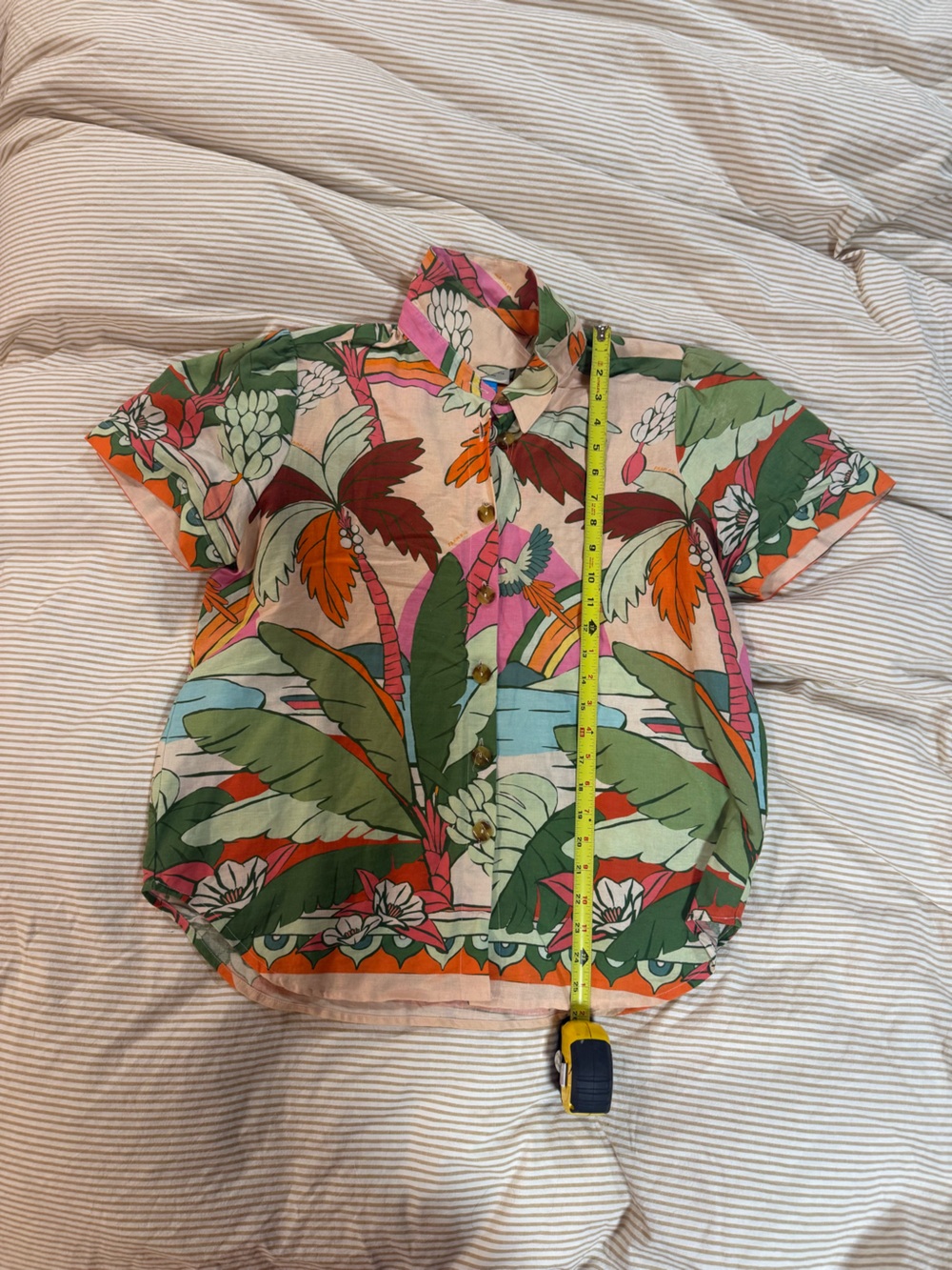 FARM Rio Tropical Palm Print Short-Sleeve Button-Up in Pink, Green, Orange - Picture 4 of 5